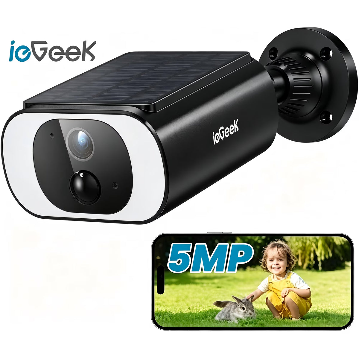 ieGeek 5MP Solar Camera Outdoor Wireless, 2.4Ghz WiFi Battery Powered Cameras System for Home Security with Embedded Solar Panel, AI Motion Detection, Smart Spotlight & Alarm, Color Night Vision BC0120