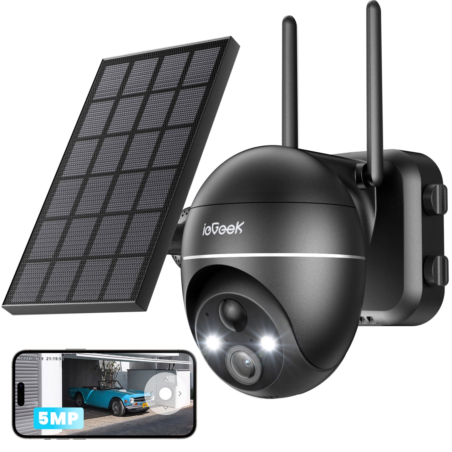 ieGeek 5MP PTZ Solar Security Cameras Outdoor, with Spotlight Siren, 360° View, WiFi Wireless Security Camera, Color Night Vision  Black
