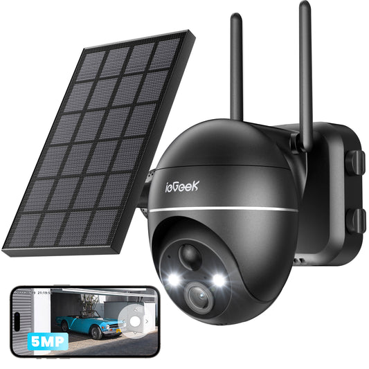 ieGeek 5MP PTZ Solar Security Cameras Outdoor, with Spotlight Siren, 360° View, WiFi Wireless Security Camera, Color Night Vision  Black