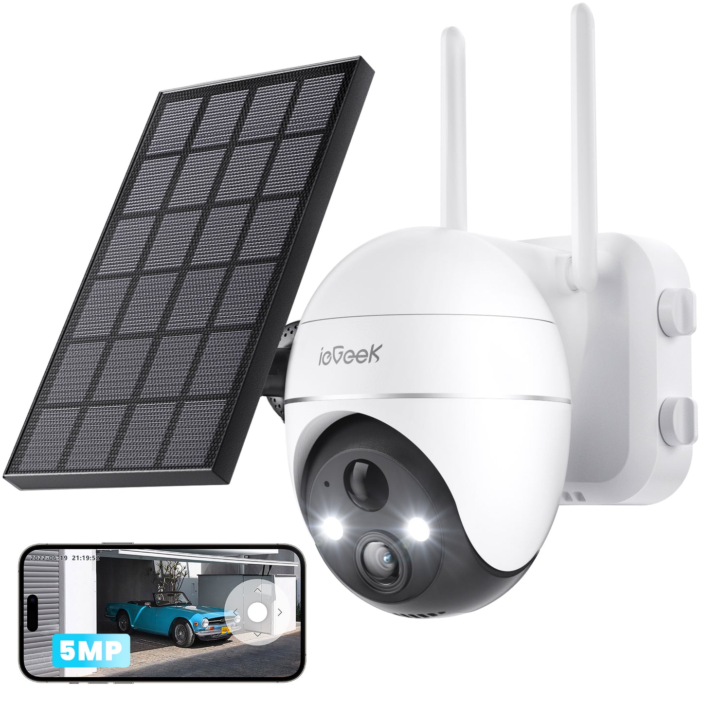 ieGeek 5MP PTZ Solar Security Cameras Outdoor, with Spotlight Siren, 360° View, WiFi Wireless Security Camera, Color Night Vision White