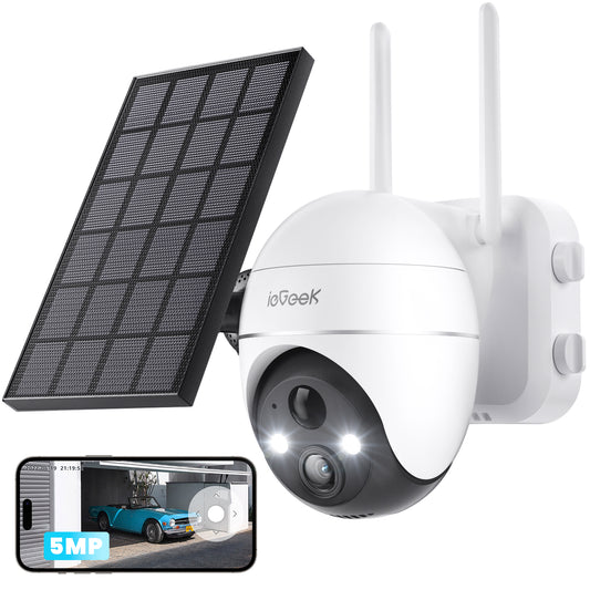 ieGeek 5MP PTZ Solar Security Cameras Outdoor, with Spotlight Siren, 360° View, WiFi Wireless Security Camera, Color Night Vision White