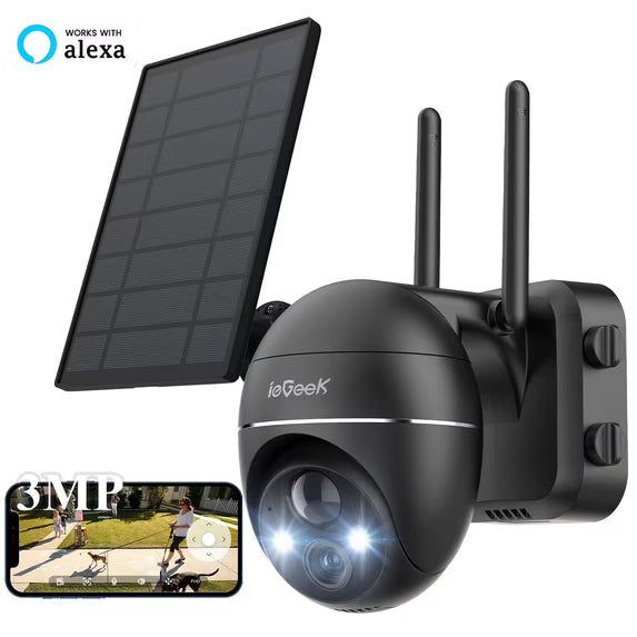 ieGeek 2K Wireless Security Camera, Solar Powered, Outdoor, WiFi, Spotlight & Siren, PTZ 360° View, 3MP Color Night Vision ZX-GX1S Black